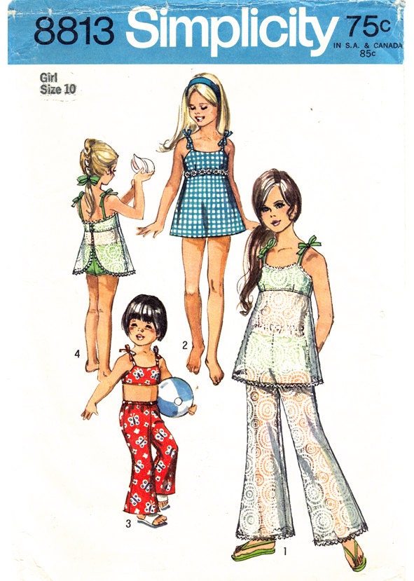 1970s Girls Bathing Suit & Bell Bottom Pants Pattern Simplicity 8813 Size 10