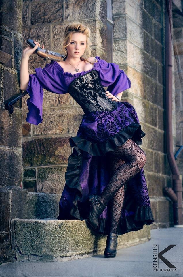 Purple Steampunk Outfit Corset, Purple Blouse, Purple and Black Skirt