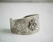 Rhinestone ROSE Cuff BRACELET Wedding ROMANTIC Bridal Cuff Bracelet Silver Etched Flower Rustic Western