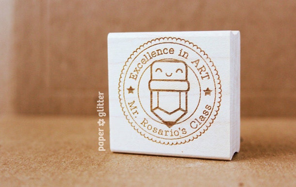 School Pencil Round Rubber Stamp Personalized