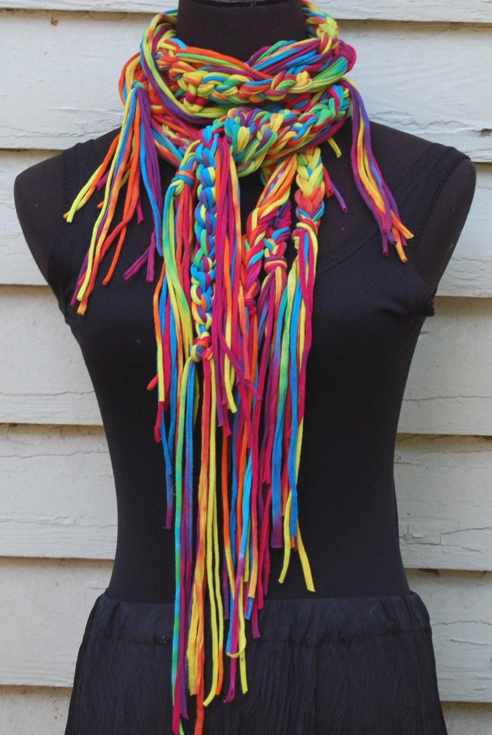 Tie Dyed Rainbow Multi Color Cotton Upcycled T-Shirt  Handmade Crochet Scarf