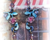 Pink Parisian Victorian Violettes, Floral Fairy Tale Forest, Dangling Amethyst Teardrops, Elegant Earrings