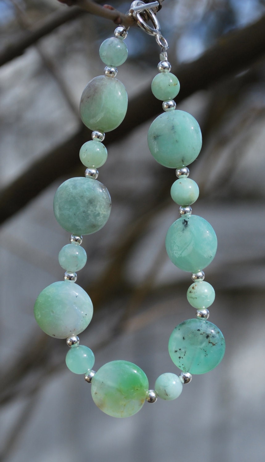 Natural Chrysoprase Gemstone Bracelet with Sterling SIlver