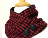 Red and Black Houndstooth Neck Warmer Scarf with Black Buttons