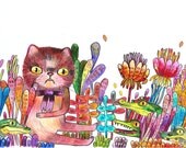 crocodile babies and a cat (original illustration on paper)