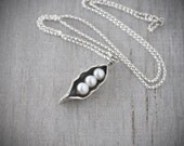 THREE Pea Pod Necklace - Silver Pea Pod Mother's Necklace - Mom's Pearl Peas in a Pod Pendant - Three Peas