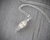 TWO Pearls - Pea Pod Necklace - Silver Pea Pod Mother's Necklace - Mom's Pearl Peas in Pod Two Peas