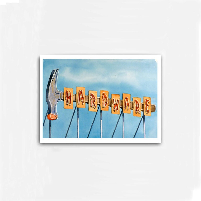 Vintage Sign  - Watercolor Painting Print - Neon Sign Series - Fathers Day, Hardware Men Women -Yellow, Blue -10.5 x 13.5
