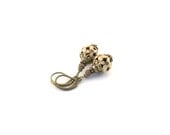 Carved Bone Earrings Brown Cream Antique Brass Beaded Lever Back