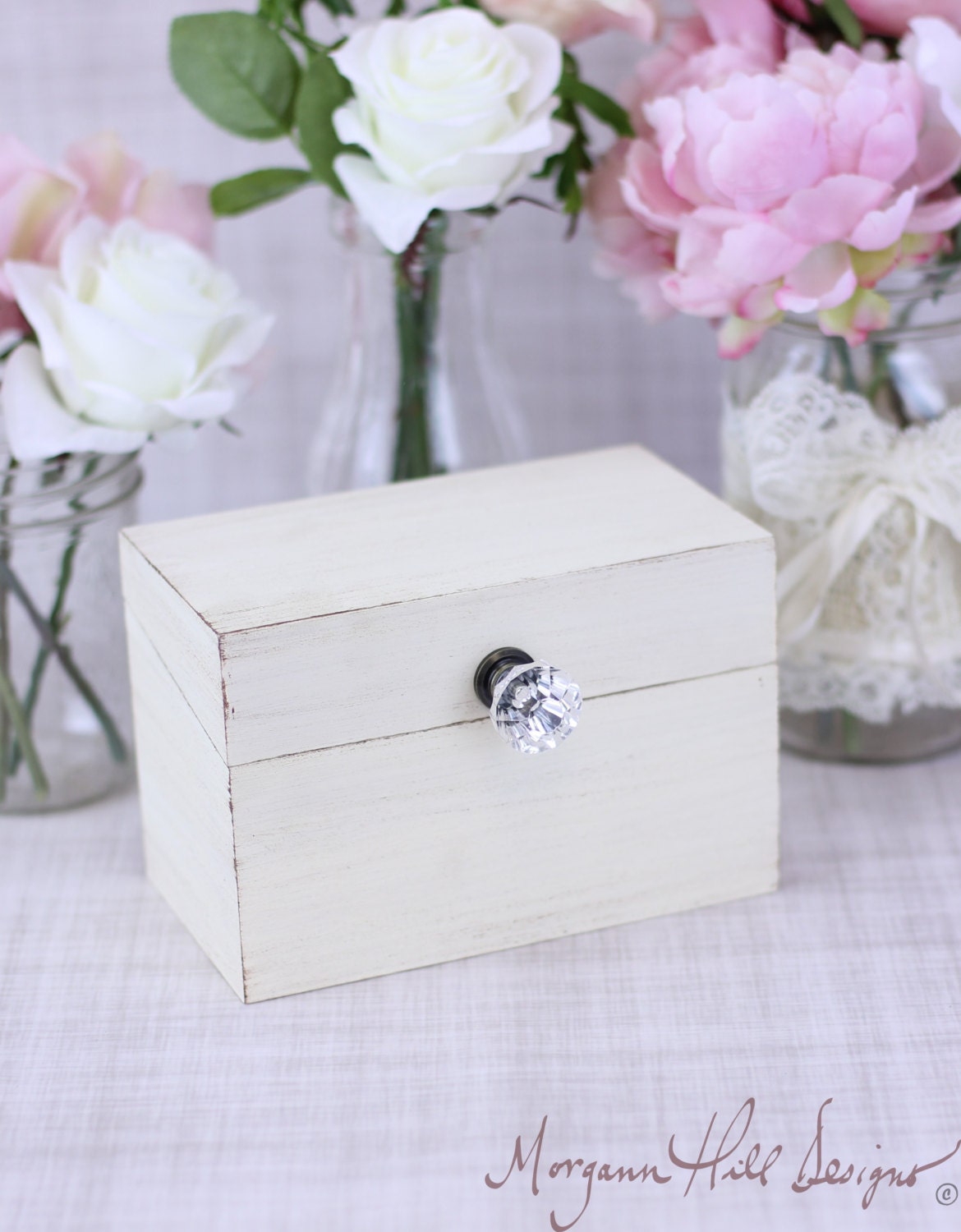 Shabby Chic Recipe Box With Glass Knob Custom Wedding Shower Decor (Item Number 130025)