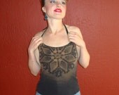 Sacred Geometry Upcycled Black Cotton Yoga Festival Halter Top  - Small / Medium