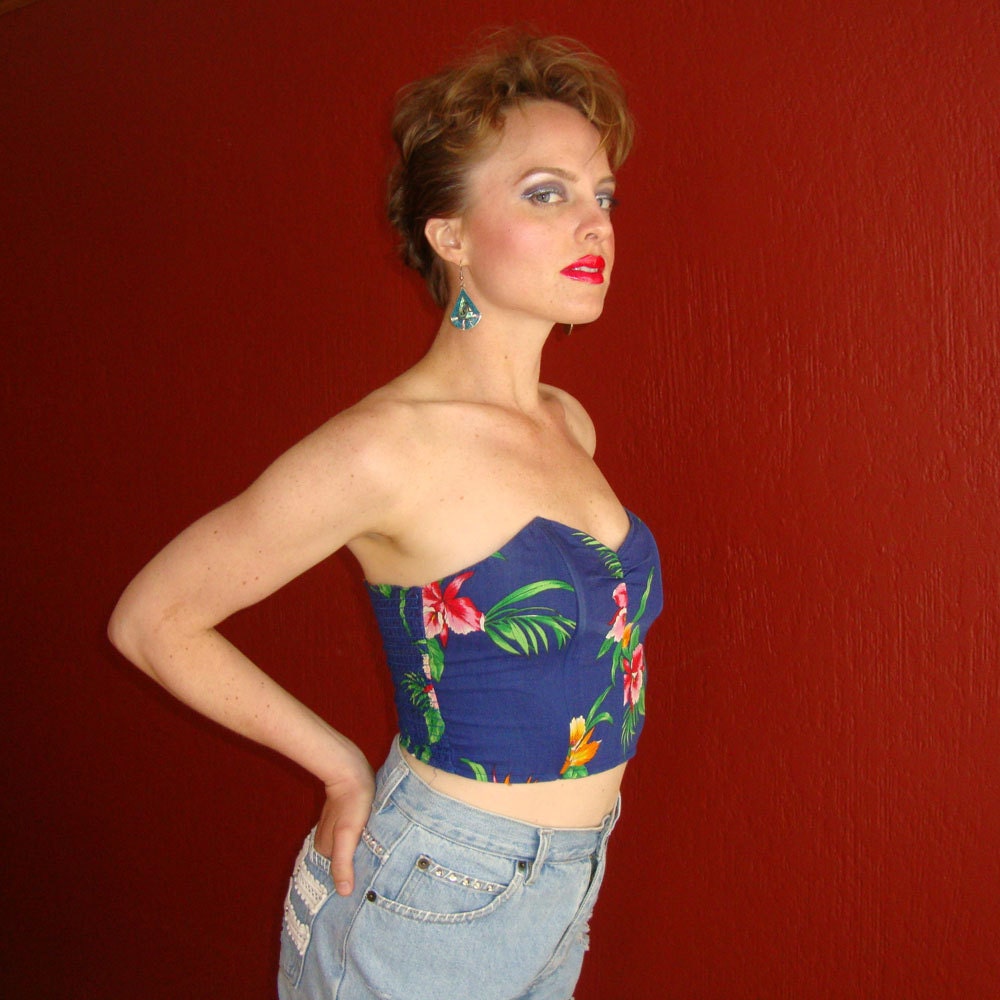 Vintage 80s Blue Hawaiian Pint Strapless Busier Tube Top Festival Shirt - By Hana - Size Small