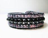 Onyx and Czech Glass Beaded Cuff Bracelet - Three Row Cuff Gemstone Beaded Bracelet