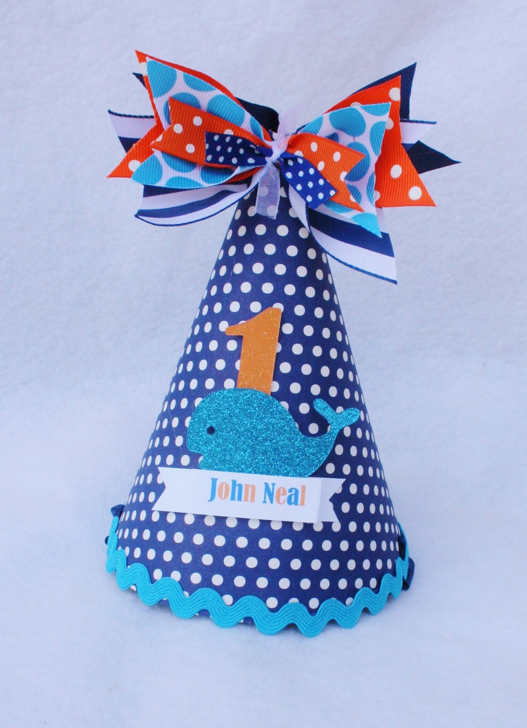 Ships Ahoy Whale birthday party hat in navy blue, turquoise, mandarin orange and white polka dot