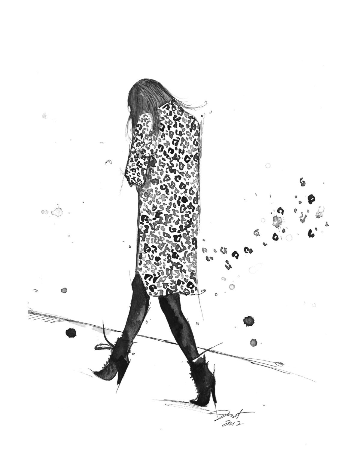 Print from original watercolor and mixed media fashion illustration titled Girl Spotted by Jessica Durrant