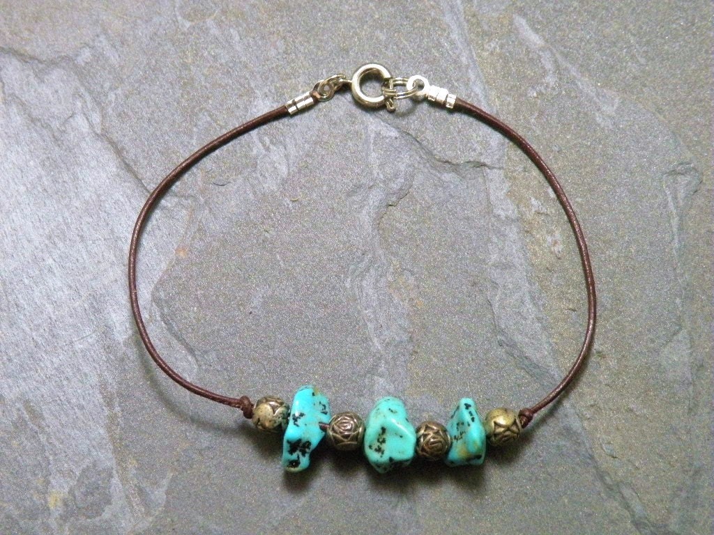 Brown Leather Lace and Turquoise Nugget Bead Bracelet Wristband Etsy Jewelry from B's Jewelry Supply