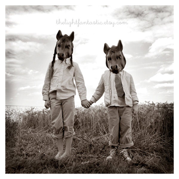 Sister and Brother 5x5 Fine Art Print--Children Masks Horse Field Siblings Photograph Creepy Weird Black and White Portrait