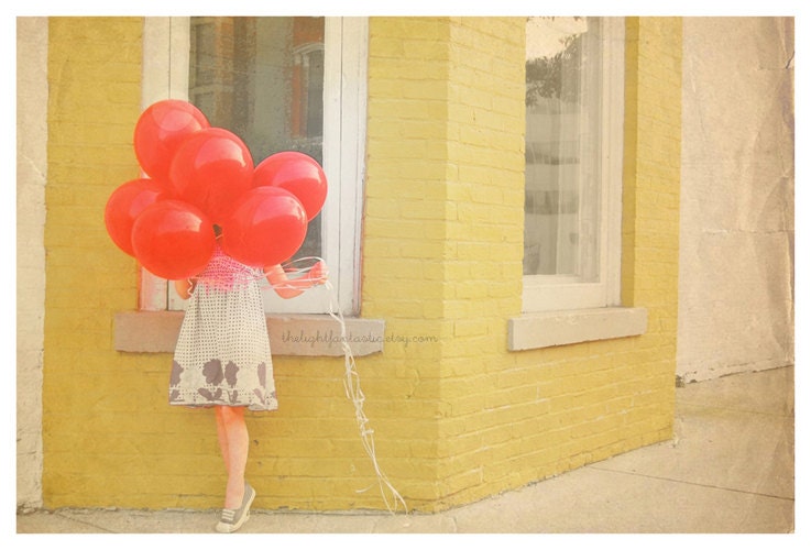 Don't See Me 5x7 Fine Art Print--Vintage Parisian Yellow Brick Red Balloons Little Girl Whimsical Photograph