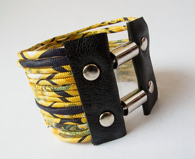 Multi Strand Summery Yellow Wide Cuff - Fabric Bracelet - size L- XL