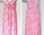 mod fluffy chiffon velvet SAKS FIFTH AVENUE hot pink gown nightgown S M peignoir maxi