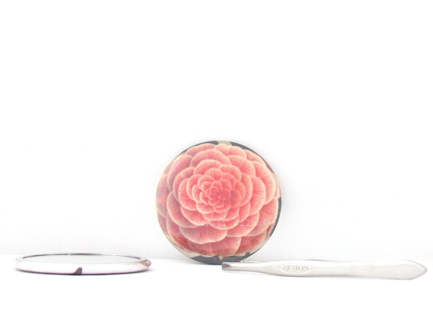 Vintage Pink Dahlia Hand held Pocket Mirror , Magnet or Pin Badge - Wedding favors