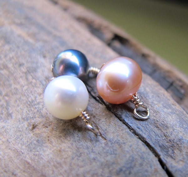 Freshwater Pearl Drop Dangles. White, Peach, Black Pearl Charms set. Gold Wrapped Pearls