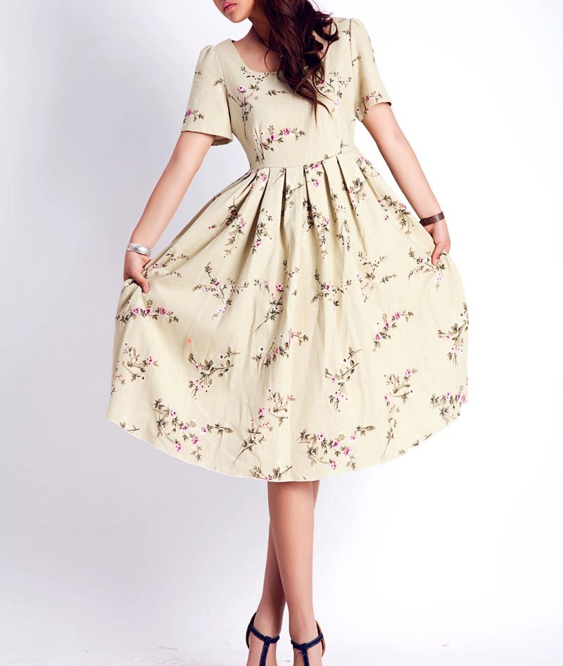Floral linen print dress (0185)