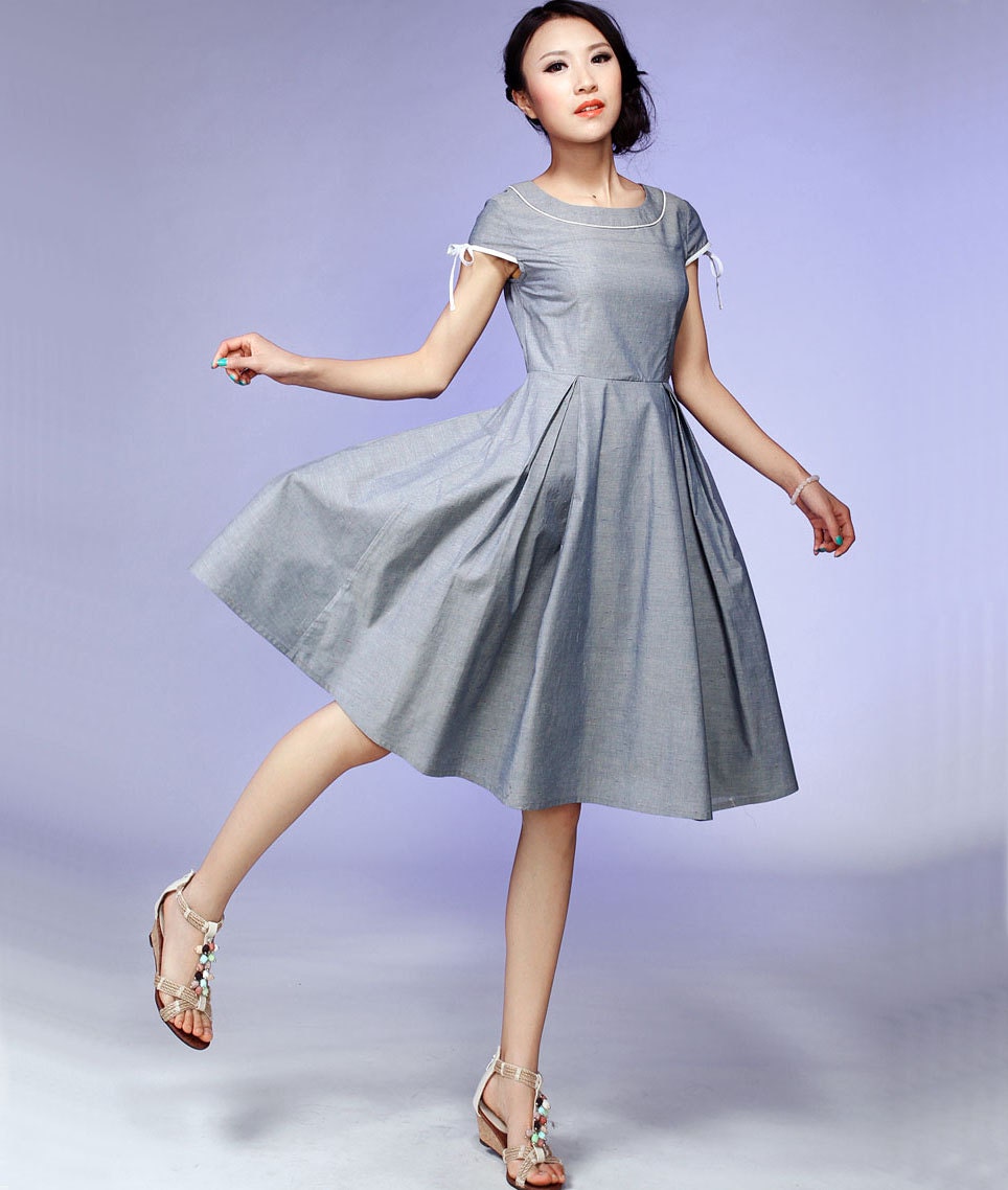 gray cotton midi  prom dress with Bow detail sleeve (535)