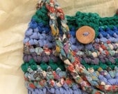 Beautiful Rag Bag --- Green and Blue --- Fabric Crocheted Purse --- with a large handmade wooden button