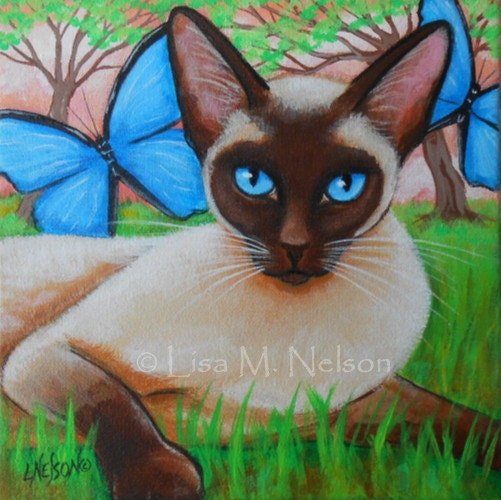Original Siamese Cat and Blue Butterflies Acrylic Painting SPECIAL PRICE