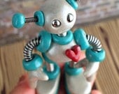 Teal Tim Mini Robot Sculpture Adorable Desk Companion - Clay, Wire