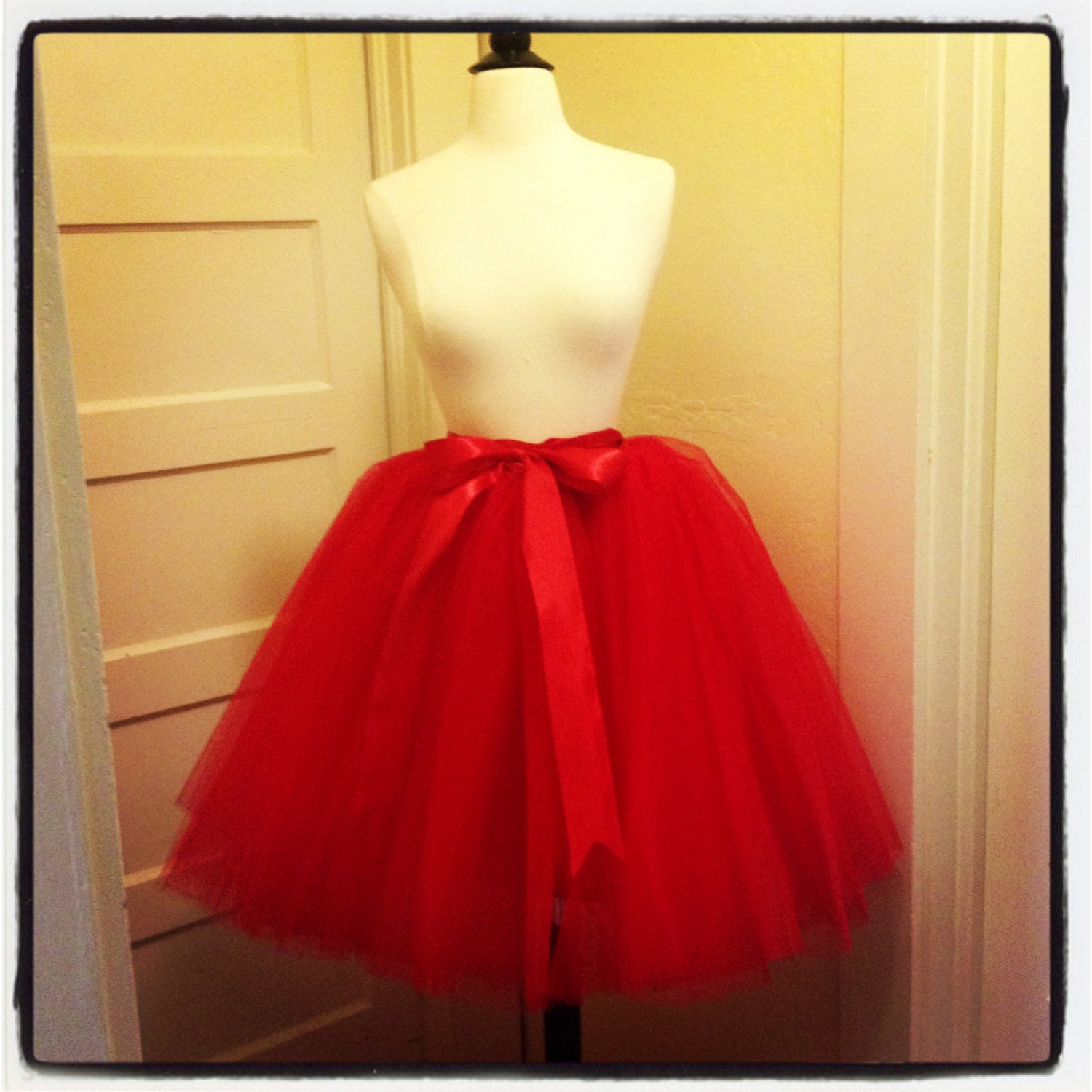Valentine Red Tulle Tutu Skirt Adult Sewn Tea Length with Satin Sash Custom Size