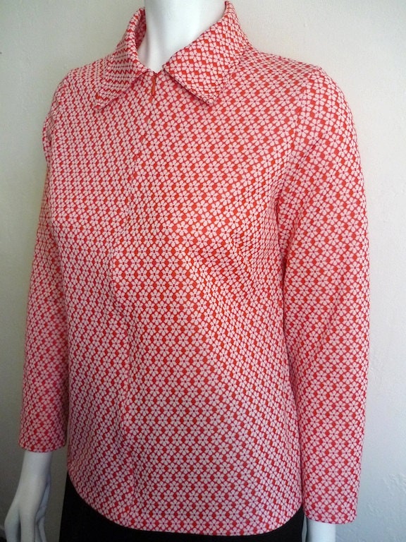 Vintage Apparel Ladies 60's Blouse, Red, White, Floral, Polyester, Long Sleeve S-M 3444 FreshandSwanky on Etsy