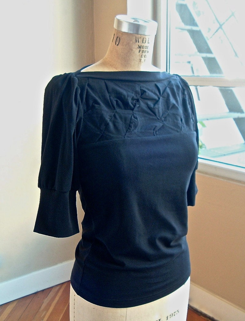 Black Top with folded detail, cotton jersey, puff sleeves, modern chic- made to order