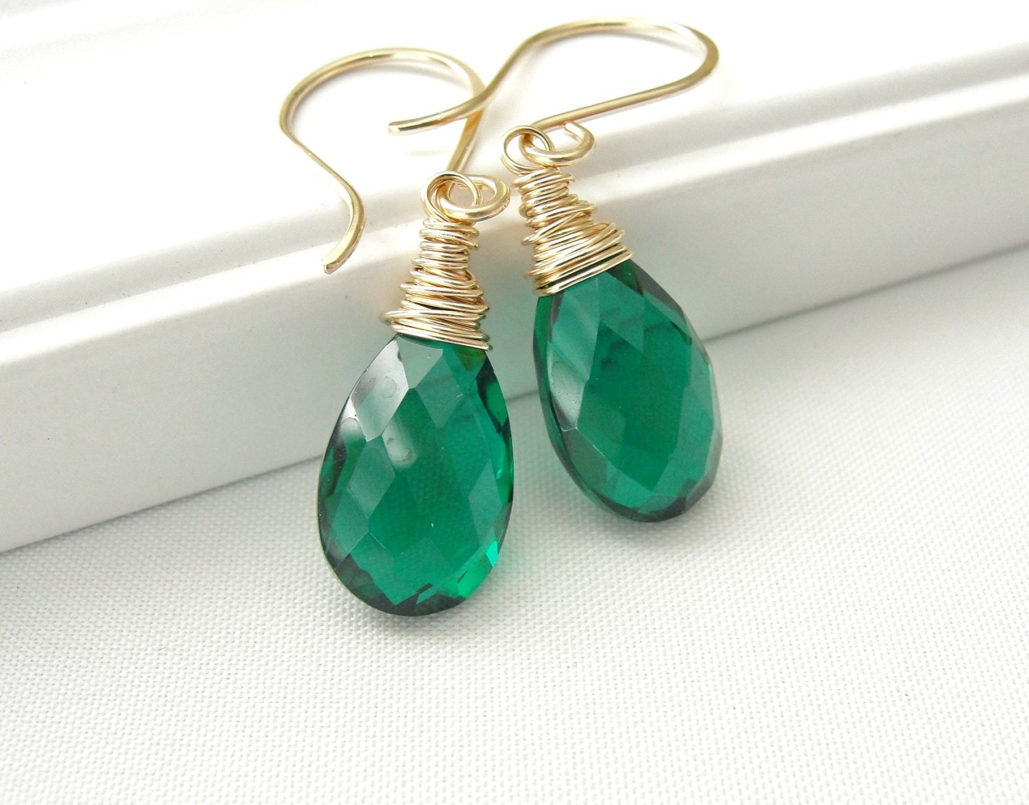 Emerald Green Earrings in Gold Fill, Quartz Dangle, Wire Wrapped Briolette Earrings, St Patricks Day