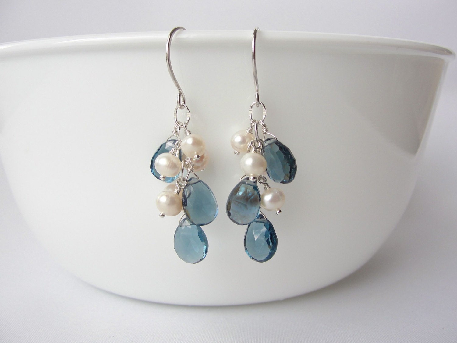 Blue Gemstone Earrings for Brides with Pearls in Sterling Silver, Something Blue Wedding Jewelry, BlueRoomGems