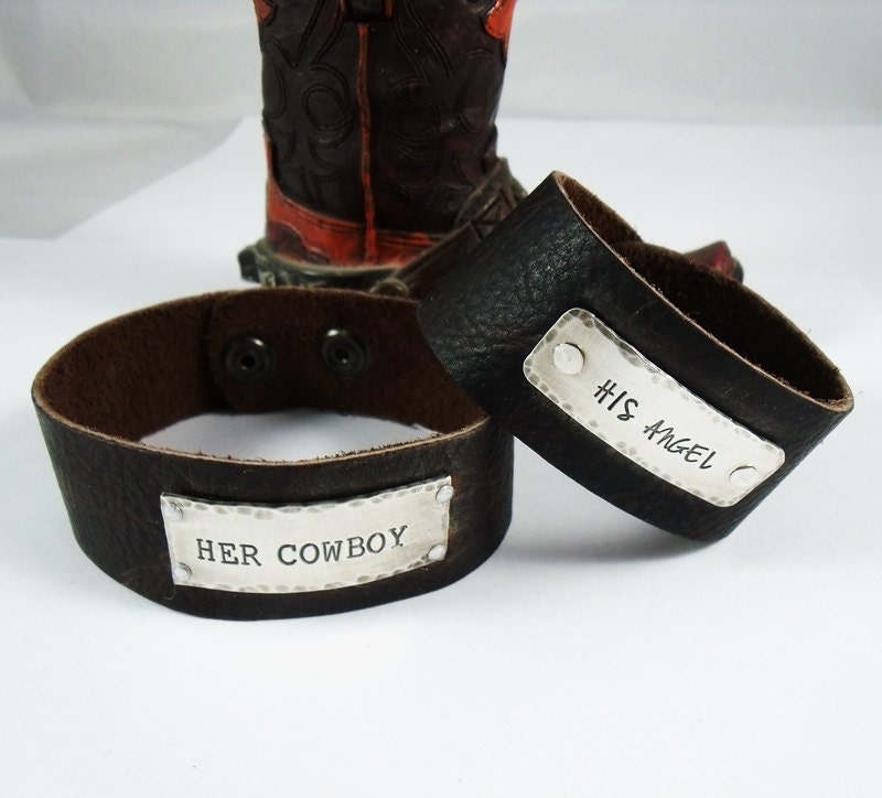 SALE -His and Her Personalized Hand Stamped Leather Bracelet Set - Sterling Silver and Leather Personalized Cuff Bracelet