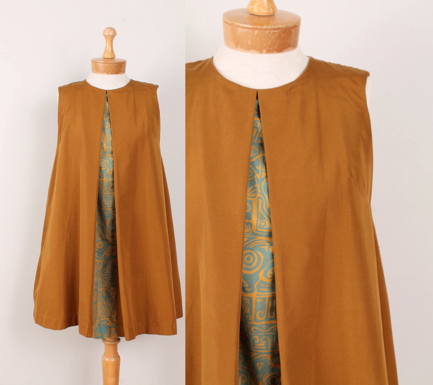 1960s Tent / Trapeze Dress - Womens S - 60s Mod Bronze Cotton w/ Teal & Mustard Yellow Tribal Print Panel Short Crazy Horse Frock Ethnic Mod
