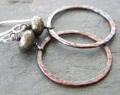 Golden Pyrite Copper Earrings Fool's Gold Circle Hoop Link Sterling Silver Mixed Metal Artisan Jewelry