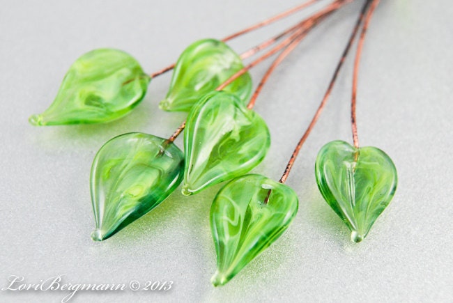 Green Leaf Glass Headpins, Handmade Lampwork, Jewelry Supplies