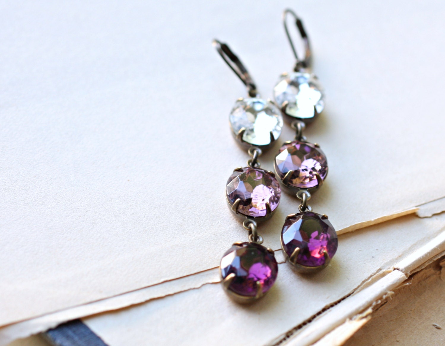 Ombre Amethyst Earrings. Long Drop Earrings with Vintage Jewels. Bridesmaid Gift in Shades of Purple. Violet