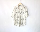 Vintage 80s Men's White Graffiti Print Button Up // Worn In Cotton Summer Shirt
