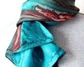 Silk Scarf Hand Painted in Turquoise and Brown