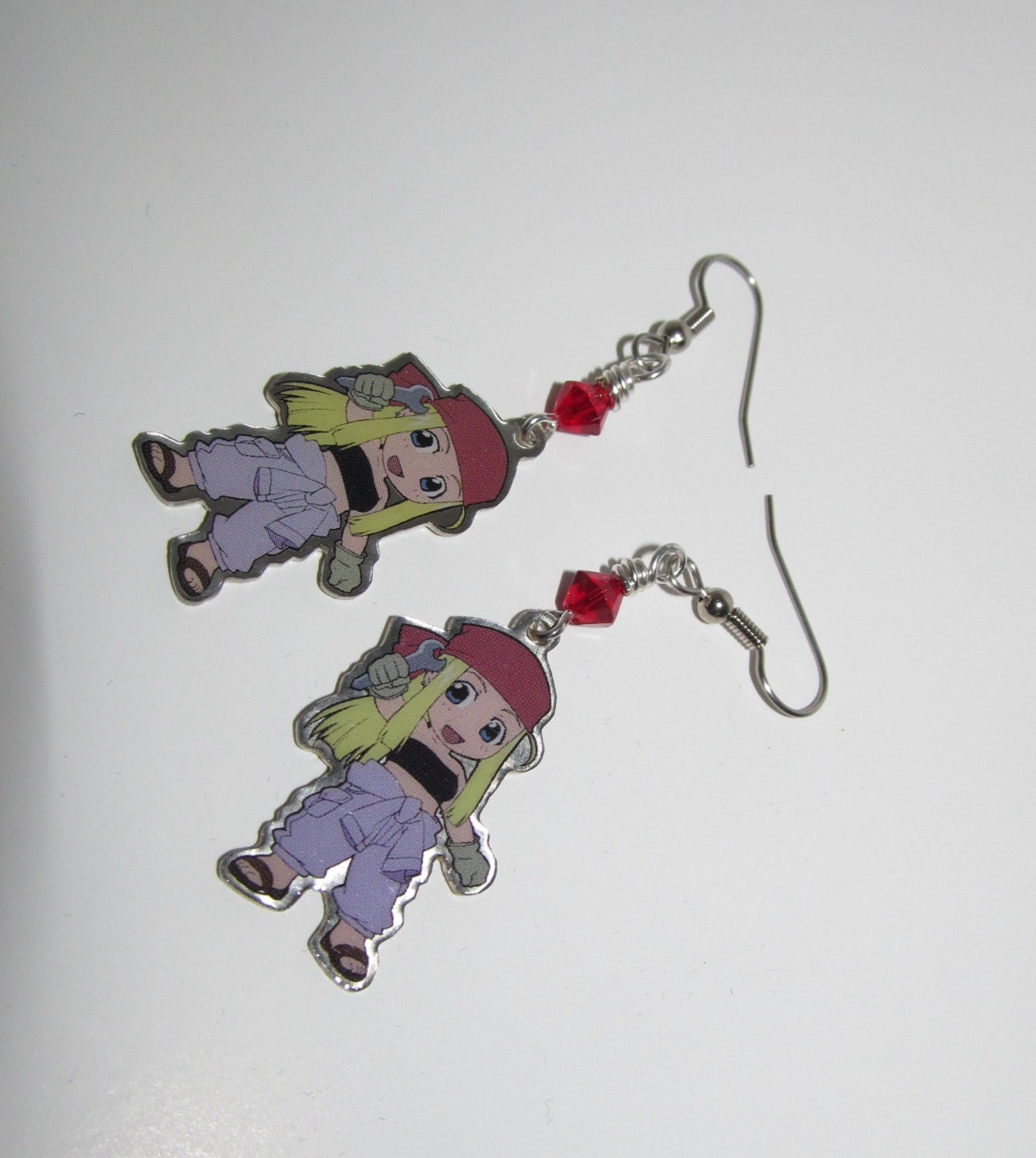 FullMetal Alchemist Winry Rockbell charm dangling earrings with wire wrapped red Philosopher's stone accent