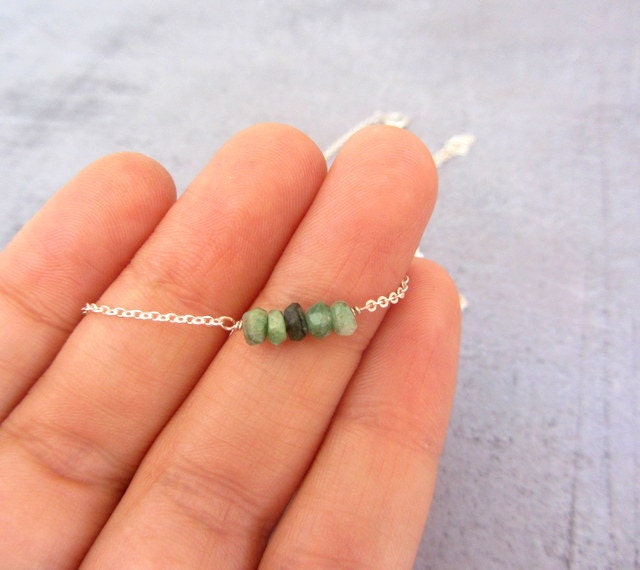Simple tiny sterling silver choker necklace, emerald green may birthstone necklace.