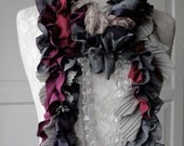 SS13 Eclectic Patchwork petal cut textured scarf by Fairytale13 - deep red, berry purple, natural, silver, grey slate lace mix.