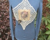 Womens, Juniors, OOAK, Art to Wear, Collage Clothing, Steampunk embellished top, steel blue with vintage lace and found objects pin size XS