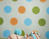 Elf Hat in Aqua, Orange, Cream, Grey and Sweet Pea Braided Tail