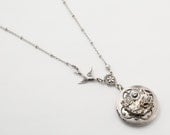 Steampunk Necklace Locket vintage watch movement gears pearl filigree flower silver bird charm Swarovski crystal Steampunk jewelry 2029