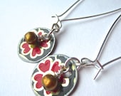 Upcycled Earrings, vintage tea tin, petite flower earrings, with fresh water pearl detail
